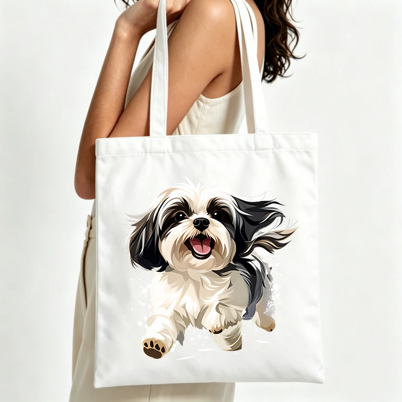 Shih Tzu dog graphic canvas tote bag, casual style for daily shopping and summer outings