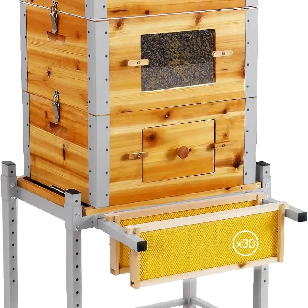 

Bee Hive Boxes Starter Kit with Metal Stand,100% Beeswax Coated Bee Hive with 10 Medium and 20 Deep Frames & Foundations(3 Layer