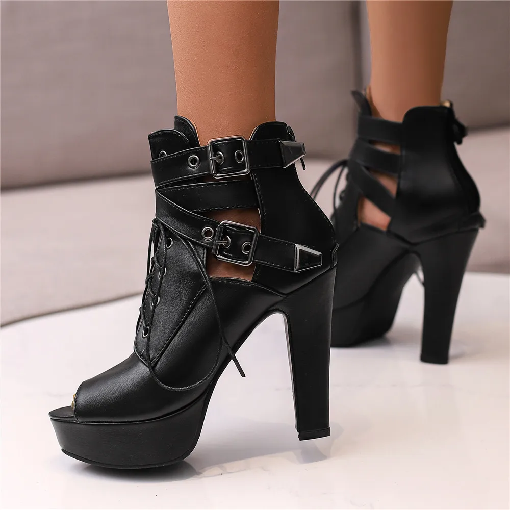 Red Yellow White Women Peep Toe Ankle Boots Platform Lace Up High Heels Female Buckle Autumn Winter Sexy Men Shoes Large Size