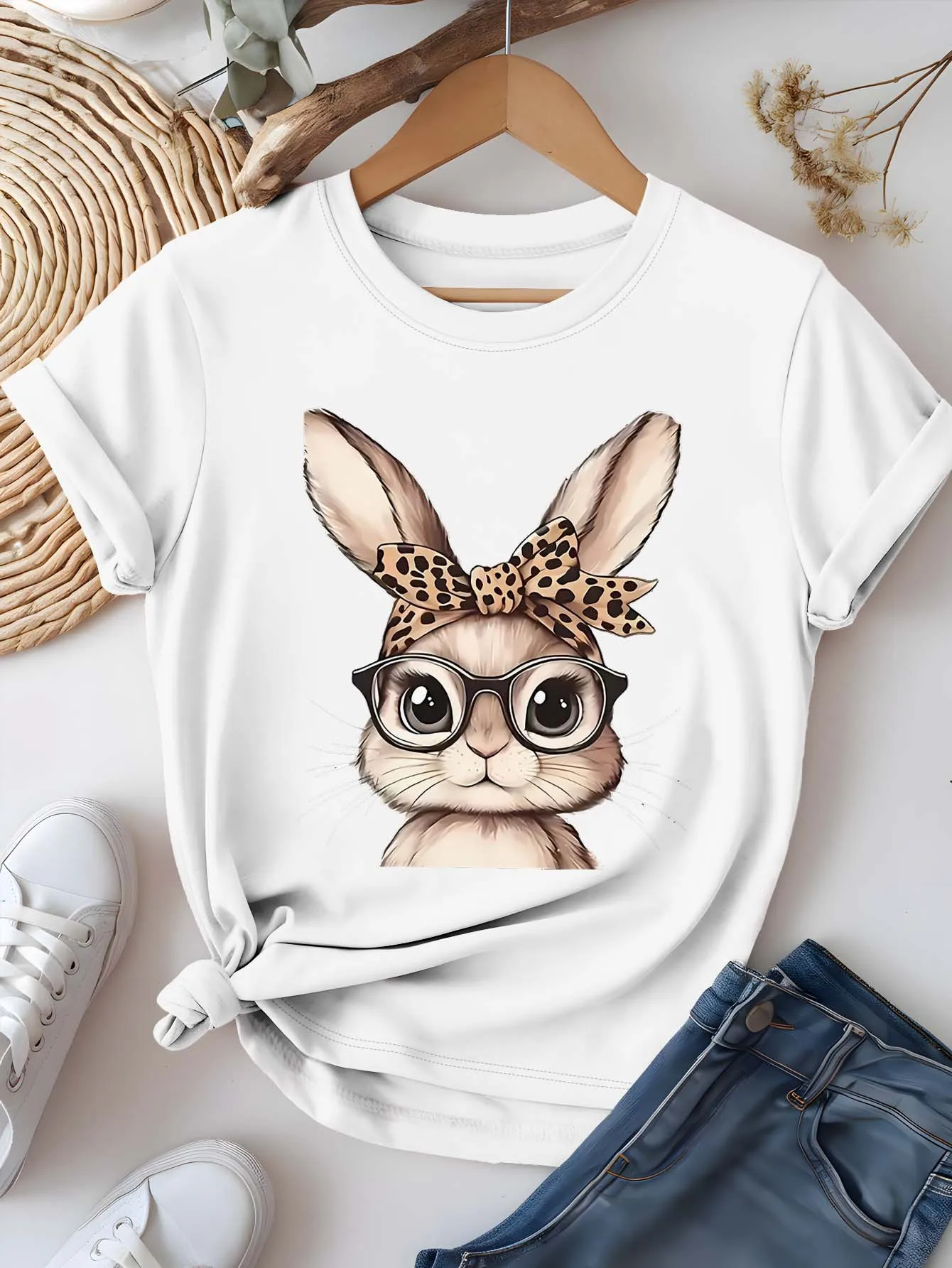 Women's Casual Short Sleeve T-Shirt Cute Rabbit Graphic with Leopard Print Glasses Fit Round Neck Top for Spring Summer Vacation