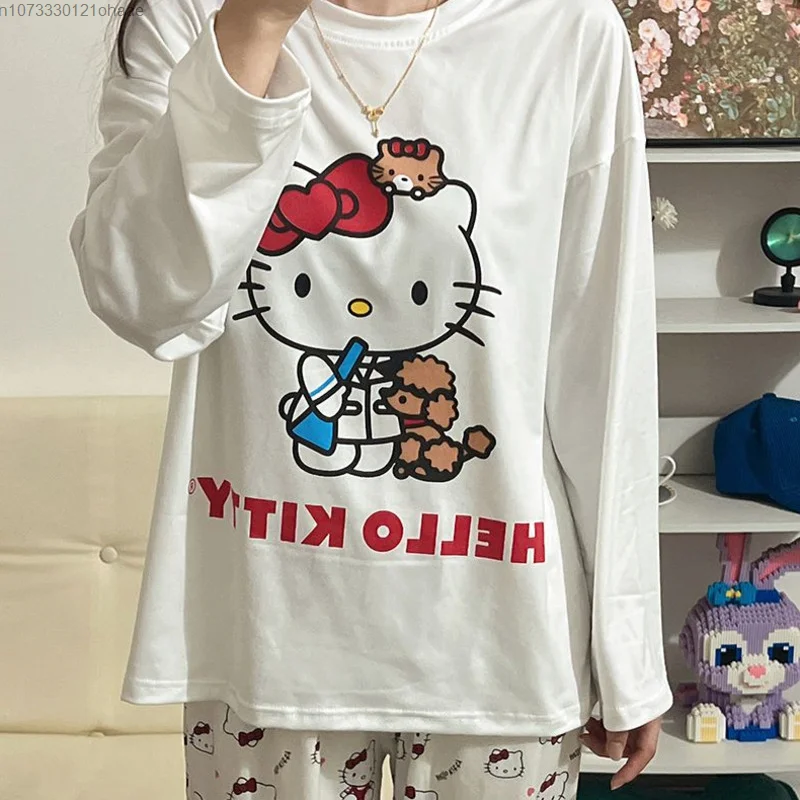 Cute Hello Kitty Home Clothes Women Sanrio Cartoon Pattern Girls Pajama Sets Spring New Long Sleeve Tops Pants Y2k Kt Two Piece