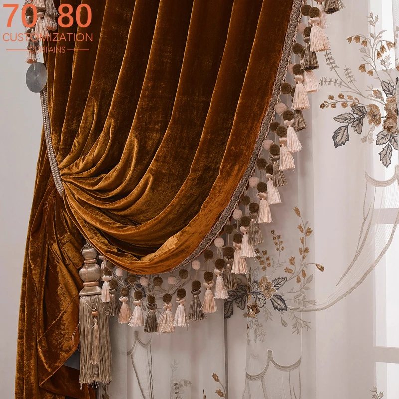 Wine Red Real Velvet Curtains for Embroidered Window Screen Living Room Bedroom French Window Villa Customized Finished Product