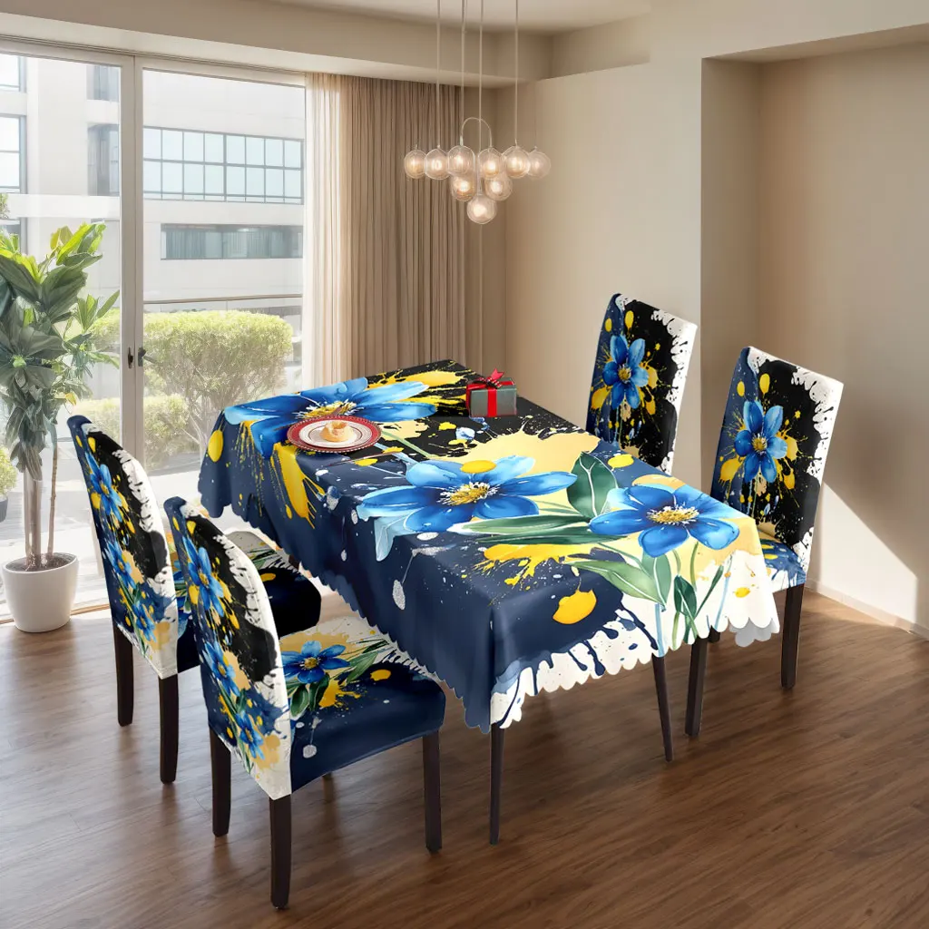 

5/7pcs Blue Sunflower Paint Splash Tablecloth Elastic Chair Covers Set Art Home Decor