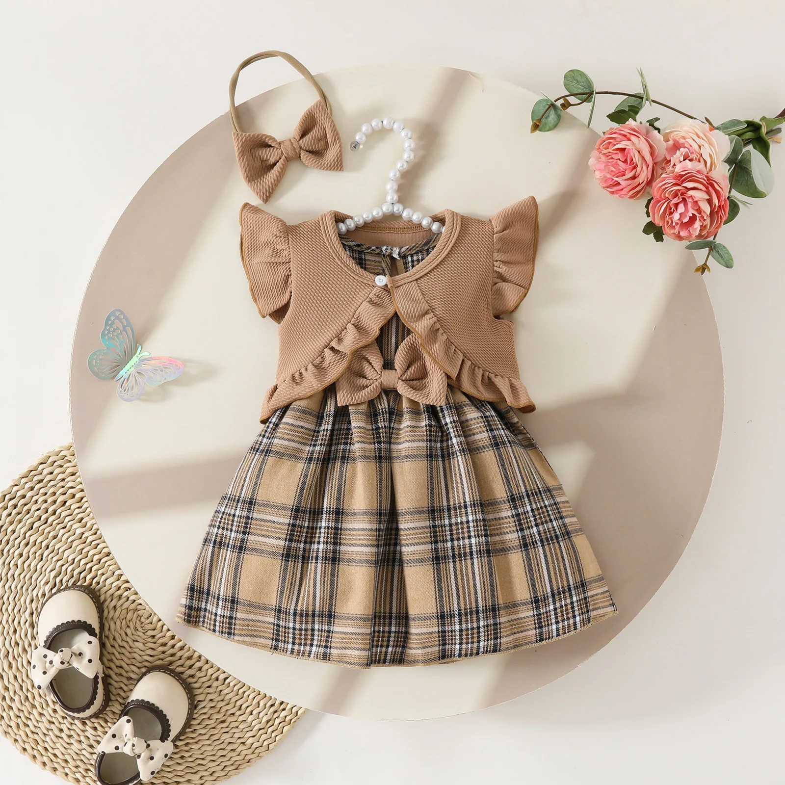 3 قطعة مجموعات 2026 الصيف الرضع فتاة الملابس موضة منقوشة لطيف القوس ملابس علوية من القطن بلا أكمام فستان الأميرة الطفل الوليد البنود B106