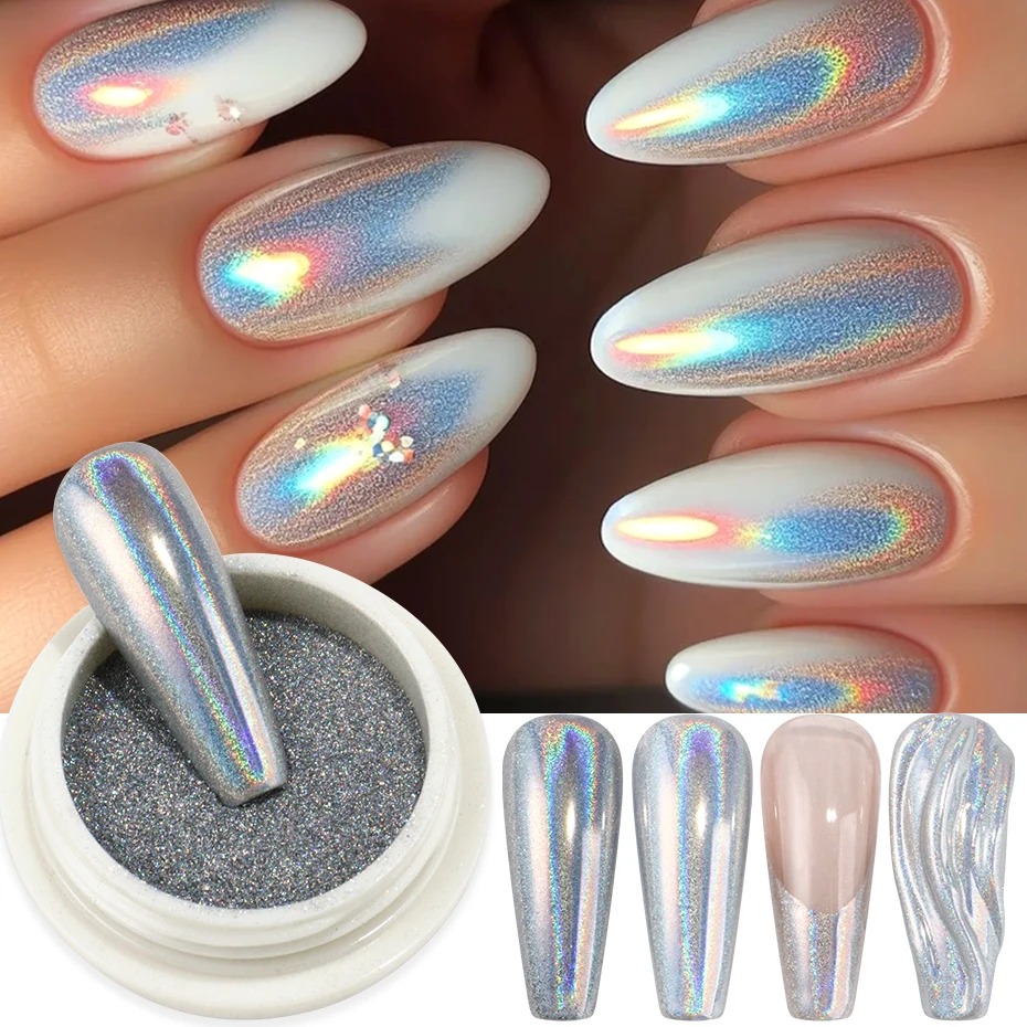 Holographische Chrom Nagel Pulver Glitter Laser Silber Metallic Spiegel Dip Reiben Staub Pigment Nail art Dekoration Make-Up Maniküre