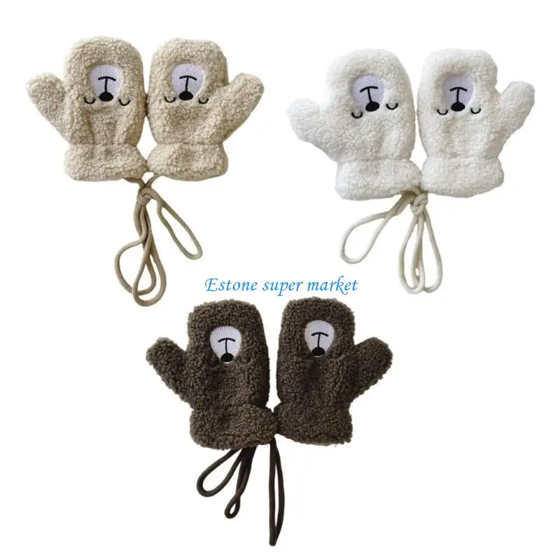 

090B Child Thick Lamb Wool Gloves with Rope Full Finger Warmth Warm Soft Full Finger Gloves for Boy & Girls In Cold Weather