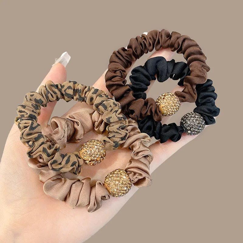 Fashion Summer Rhinestone Ball Leopard Scrunchie Women Simple Elegant Elastic Rubber Band Ponytail Holder Hair Tie