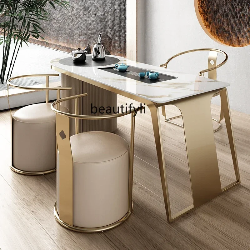 

200302 Light Luxury Stone Plate Table-Chair Set Modern Minimalist Office Boiling Water Tea Double-Use Stainless Steel Balcony Te