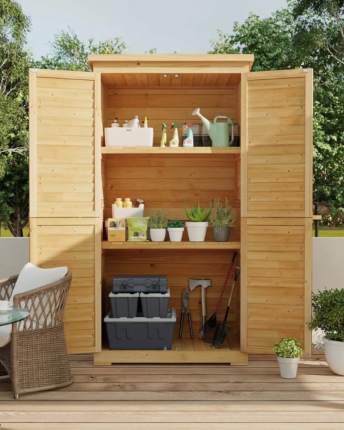 Outdoor Storage Cabinet 3 Shelves Double Lockable Wooden Shed, Customized