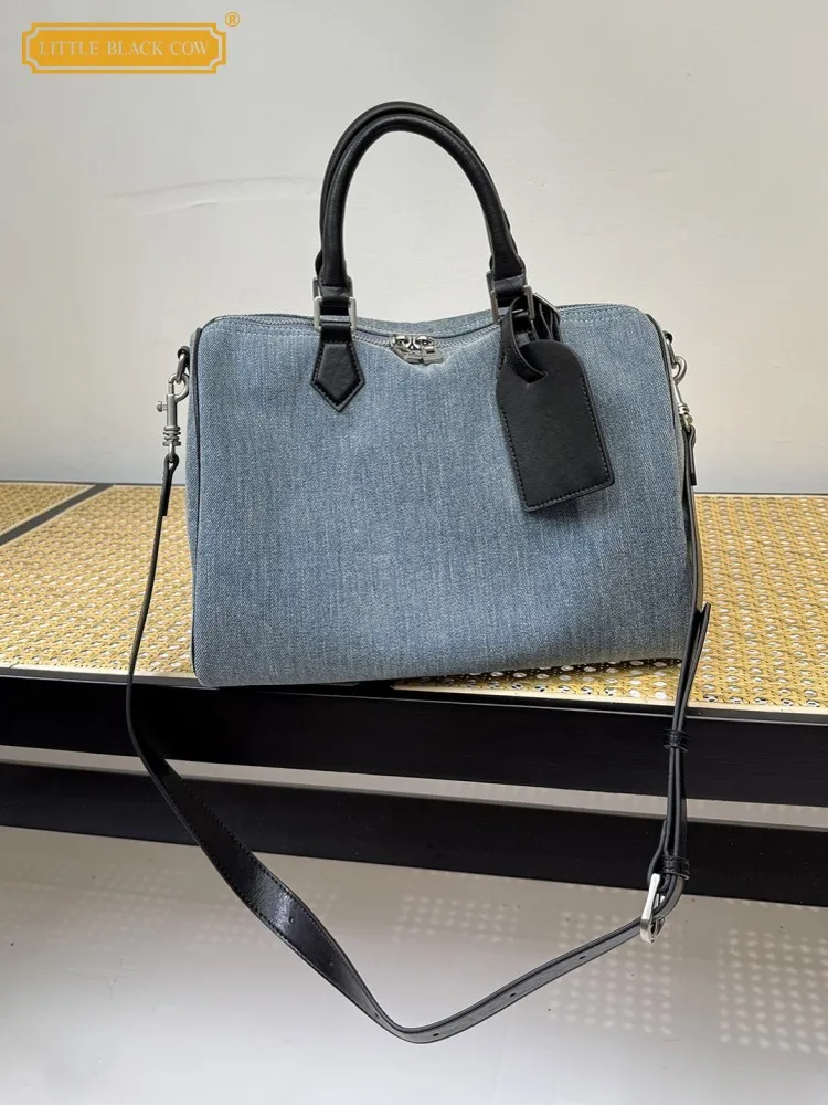 Fashion New Women Versatile Zipper Single Shoulder Bag Cowskin Spliced Denim Bag Office Casual Ladies Tote Handbag Crossbody Bag