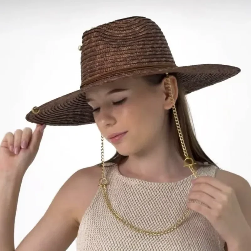 Women's Wide Brim Wheat Straw Hat with Chain Beach Sun Cap Vacation EU US Style