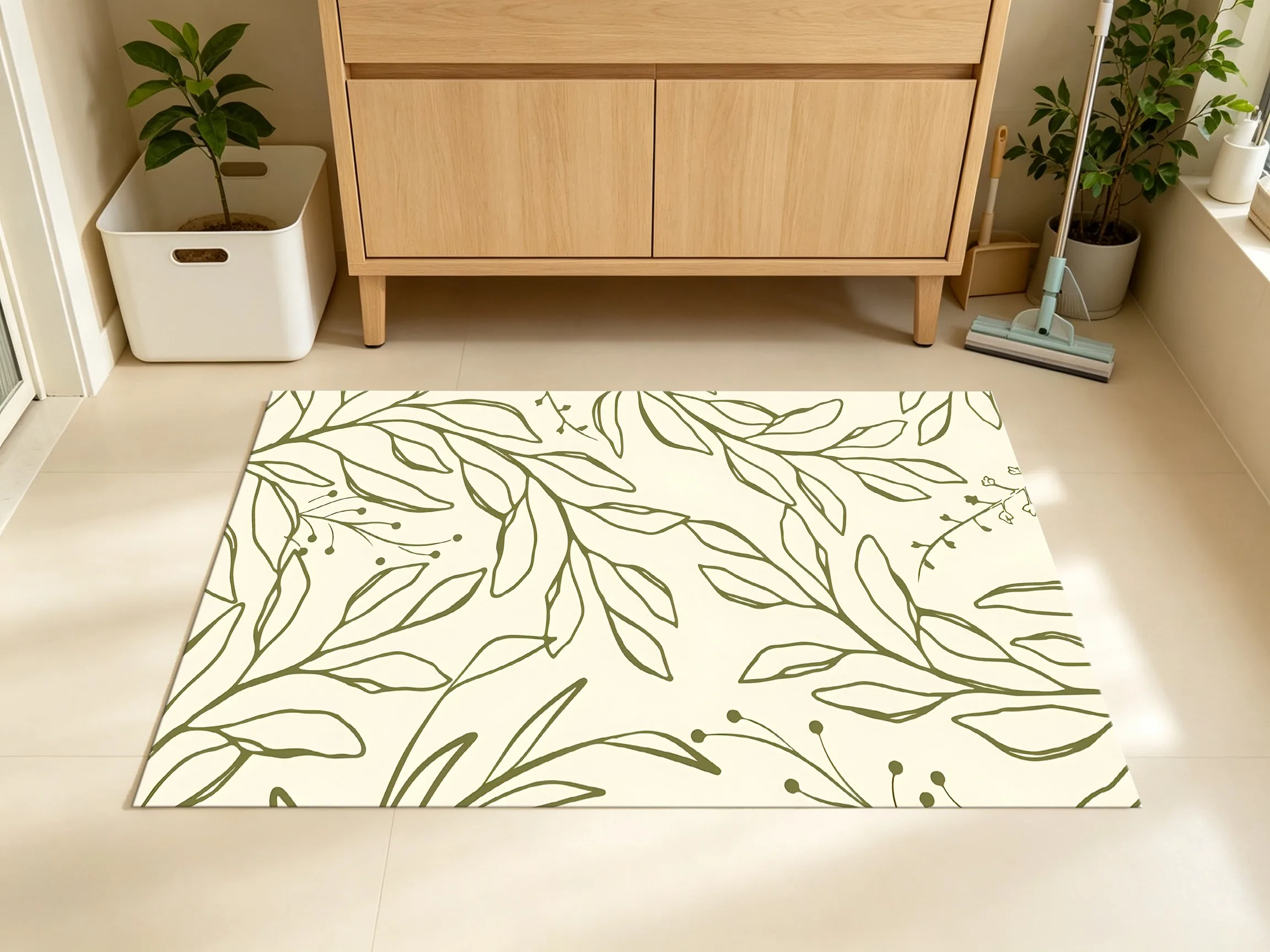2D Large Rug, Hand-Painted Branch & Leaf Line Drawing, Fresh Natural Style, Living Room & Bedroom