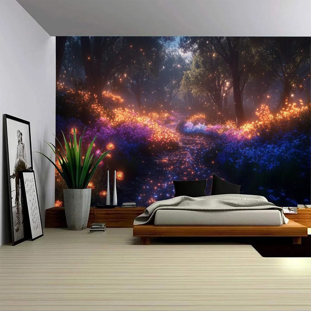 Firefly Forest Night Scene Tapestry Glowing Flowers Home Fabric Wall Hanging Bedroom Living Room Homestay Aesthetic Decoration