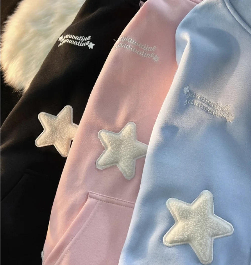 Sweet Street Star-shape Embroidery Kawaii Hoodies Coats Women Autumn Winter Women\'s Sweatshirt Cardigan Korean Fashion Zip Hoody