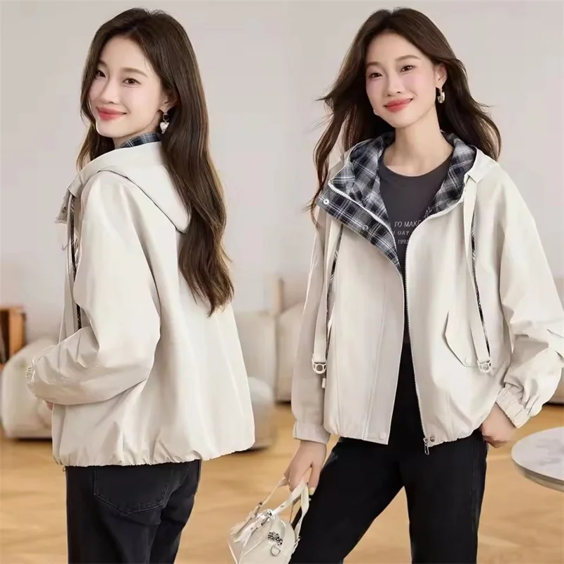 

Ветровка, пальто, женская весна-осень 2026, новая корейская клетчатая куртка в тон, женская короткая модная верхняя одежда с капюшоном Top Tide