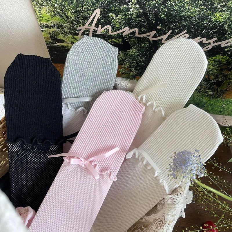 New Summer Childrens Socks Fake Two-piece Lace Bow Girls Leggings with Ruffle Edges Mesh Spliced Ribbed Girls Pantyhose