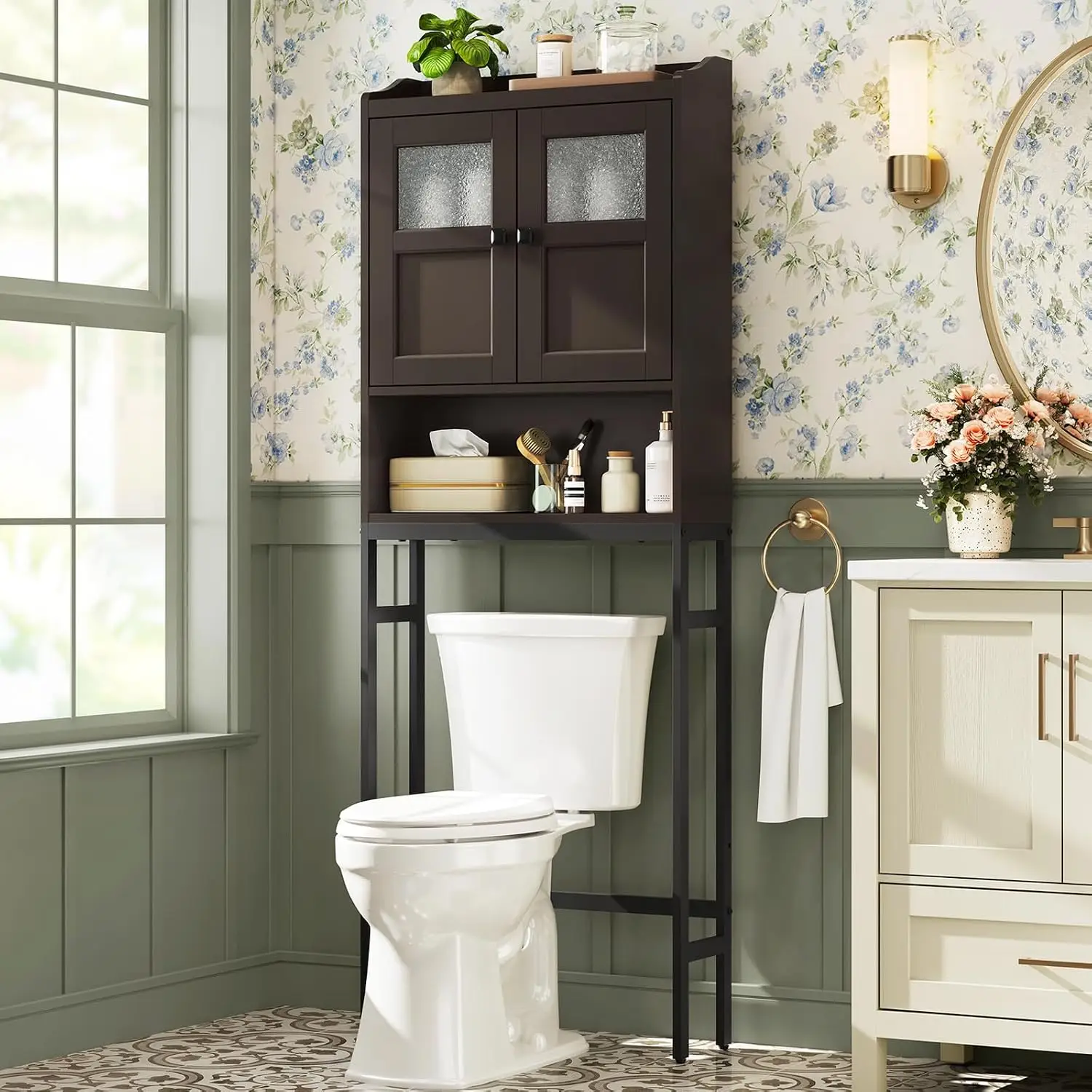 Espresso Over The Toilet Storage Cabinet, Freestanding Bathroom Organizer with 2 Doors and Adjustable Shelves, Space Saving Above Toilet Storage Furniture