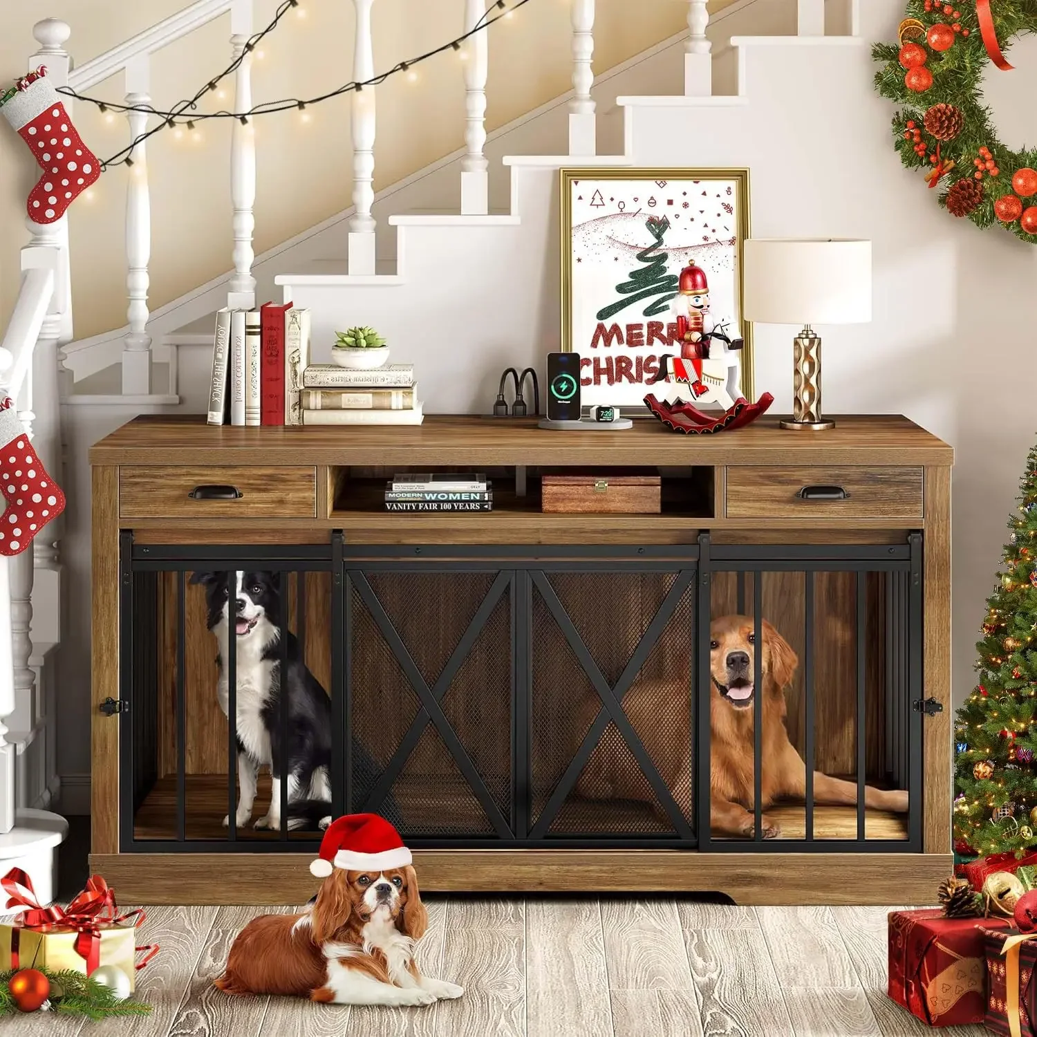 63 Inch Double Dog Crate TV Stand with Charging Station, Heavy Duty  Furniture for 2 Dogs,  Door Design Ideal for 2 Dogs, Oak