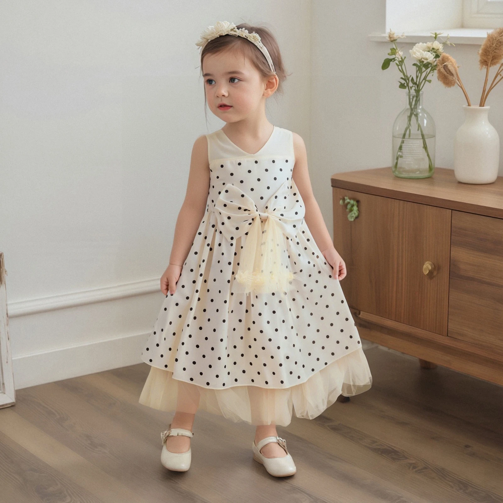 Children Kid Baby Girls Dot Dress Summer Fashionable Round Neck Sleeveless Zipper Up Dress for Princess Clothes