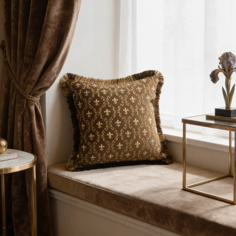 Vintage Diamond Soft Chenille Pillow Case Small Flower Brown Check Viscose Sofa Decorative Cushion Cover 45x45cm Sell by Piece