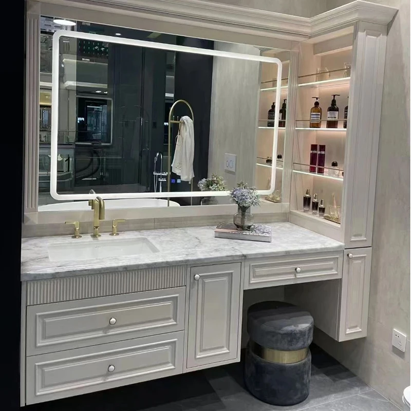 

French Mirror Bathroom Cabinets Combination Oak European Storage Bathroom Cabinets Cream Wind Sink Badkamer Kast Furniture