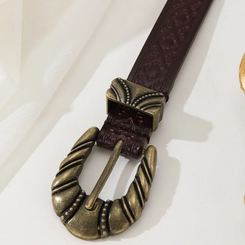 Retro Embossed PU Leather cowgirl Gold Pin Buckle Women Belt Fashion Jeans Dress Belt for Ladies