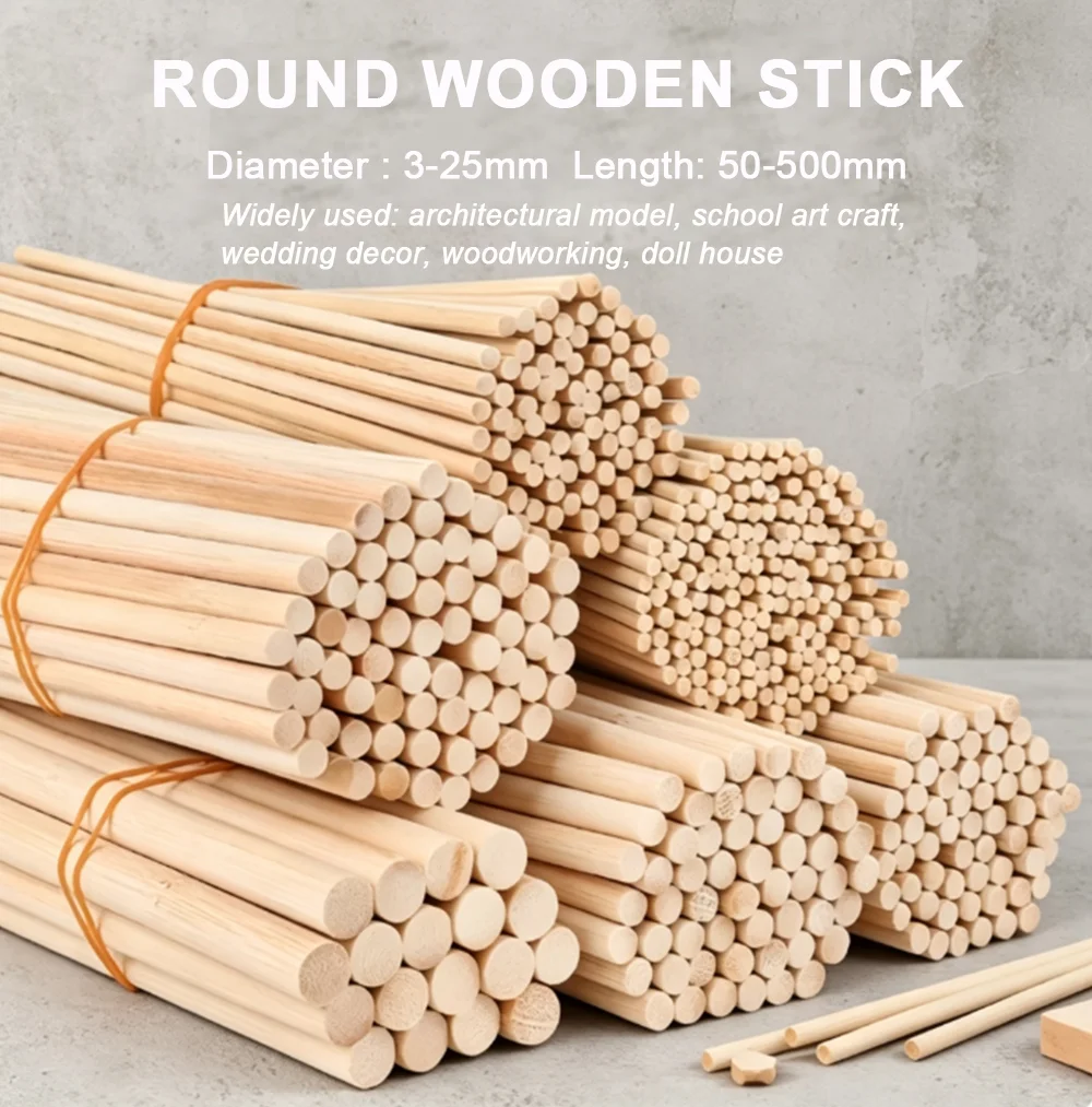 50-500mm Long Round Wooden Dowel Stick DIY Wood Handmade 3-25mm Multiple Dia Durable Rod for Building Model Woodworking Craft