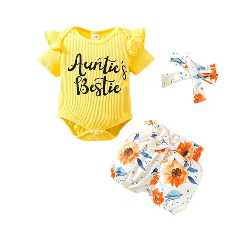 

0-18 Months 3Pcs Sets Newborn Baby Girl Clothes Pitted Printing Letter Bodysuits Short Sleeve Jumpsuit Floral Shorts Hairband