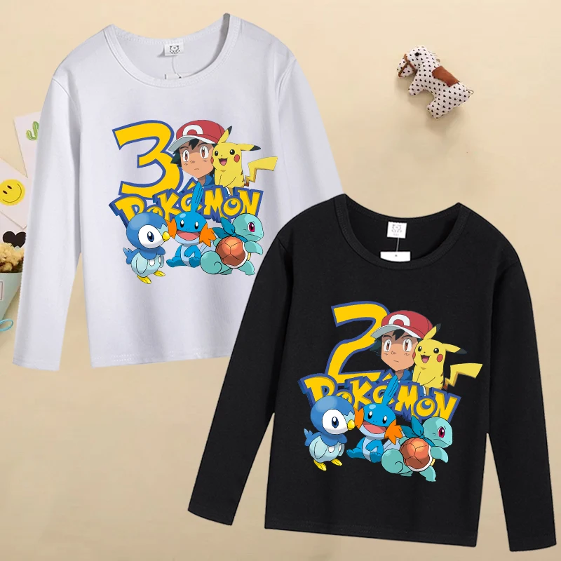 New Pokemon Pikachu T-shirts for Children Cartoon Birthday Number Printed Tops Kids Long Sleeves T-shirt Autumn Boys Clothing