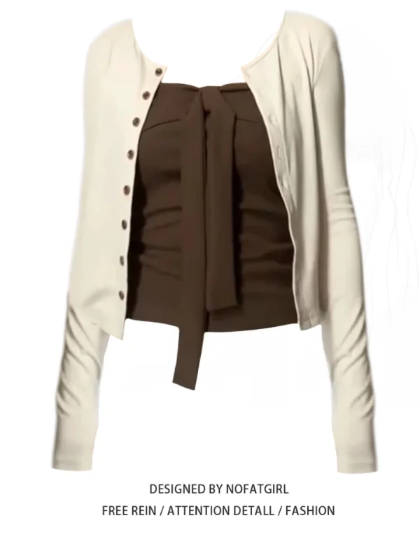 

plus Size Sweet Spicy Girl Retro Brown Bow Design Muffin Top Women's ort Cardigan Set Autumn Faion Outerwear Ensemble