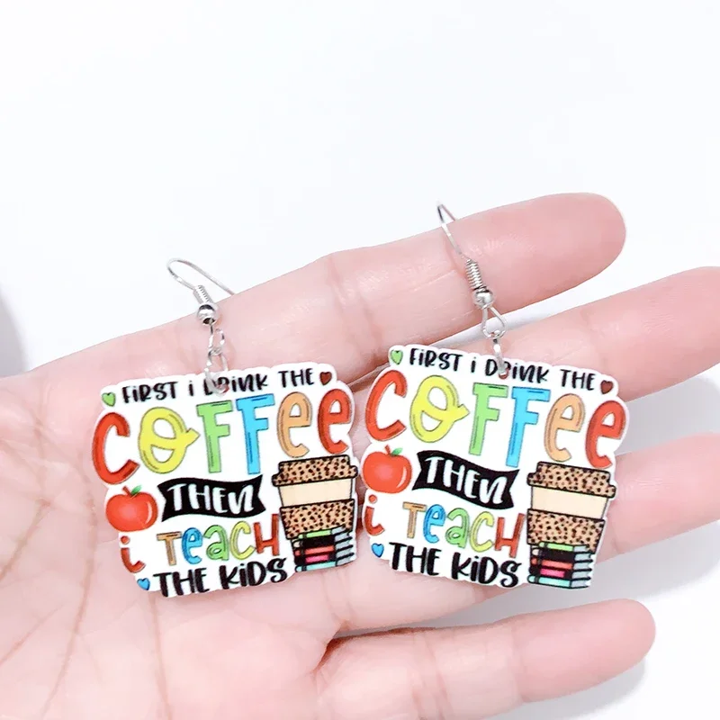 Mixed 5/10 Pairs Daycare Autism Super Teacher Life Coffee Acrylic Hoop Earrings For Women Epoxy Charms Dangle Earring Jewelry