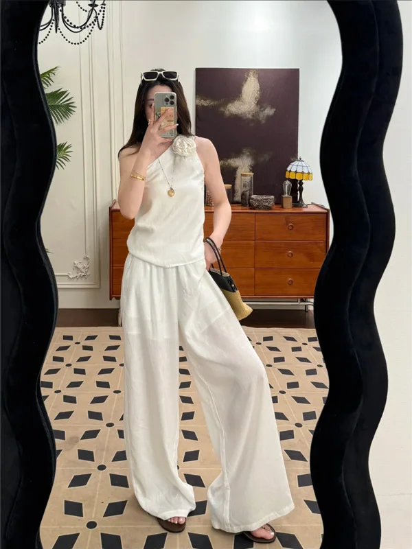 

Korean Fashion White Asymmetrical Shoulder Top And Wide Leg Pants Women's Two-Piece Set Summer New Style Versatile High Waist