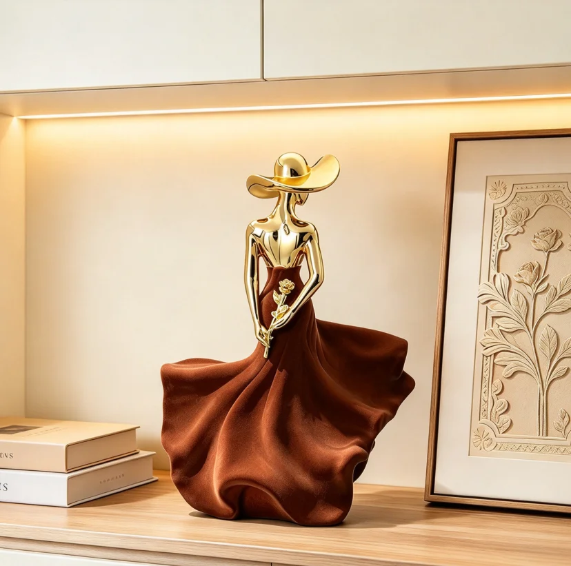 Modern Abstract Woman Figurine Resin Sculpture Flocking Gown Golden Hat Desktop Decoration for Home Wedding Gift