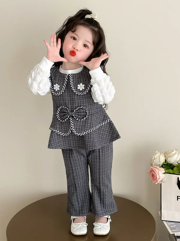 

Girls Doll Collar Long Sve Tee Piece Set Spring Faionable Polka Dot Bow Tie Outfit Casual Sportswear for Children