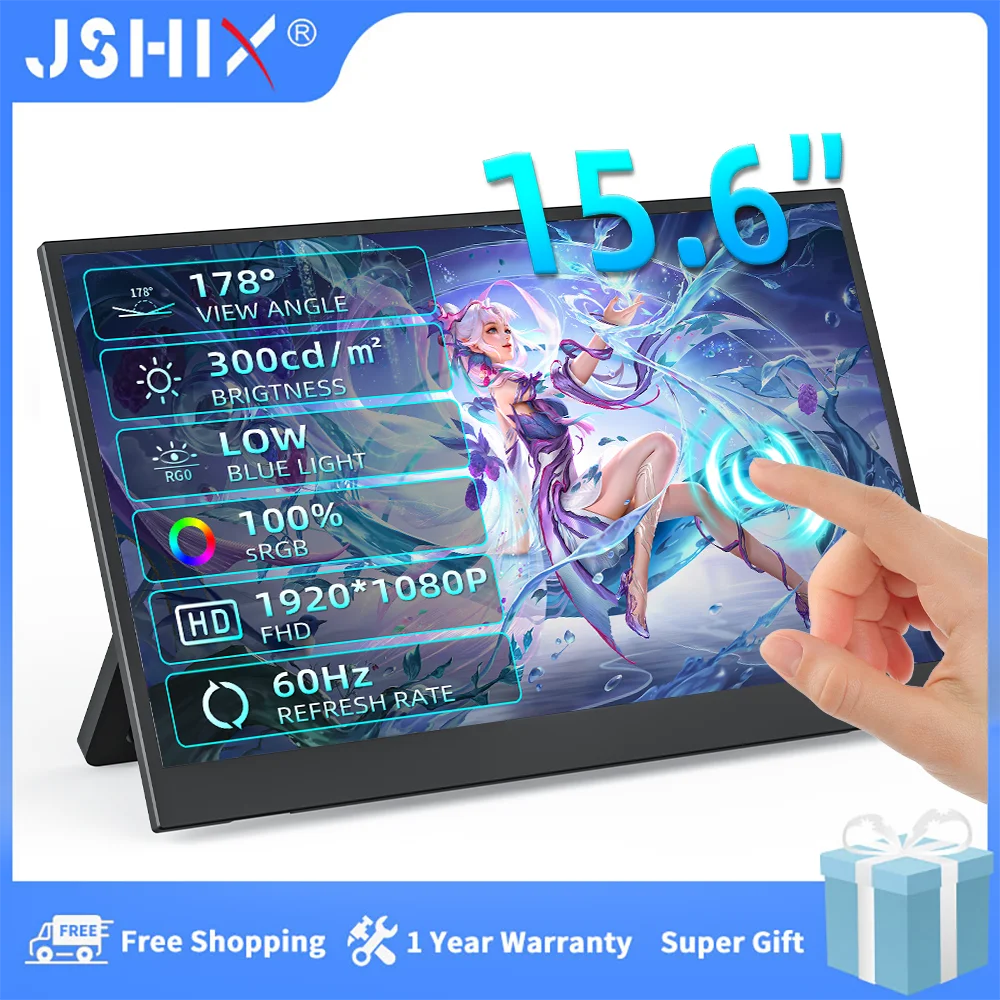 JSHIX 15.6 Inch Touch Screen Portable Monitor 1080P IPS Panel Type-C HDMI Second Monitor for Laptop Ps4 Switch Xbox Sub Display