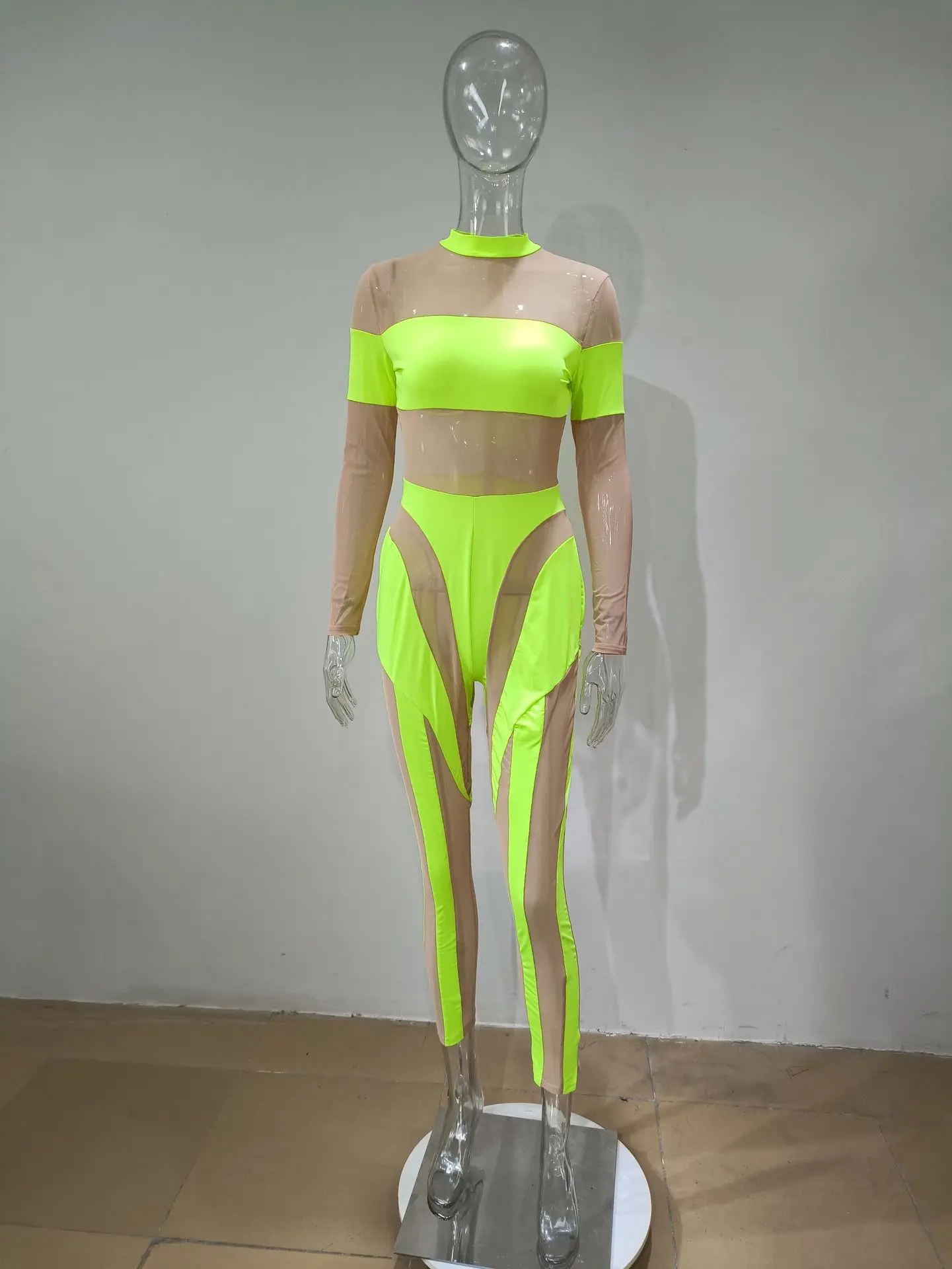 Neon Color Rompers Women Sexy Sheer Mesh Patchwork See Through Party Club Jumpsuit Summer Long Sleeve Outfit Fitness Overalls