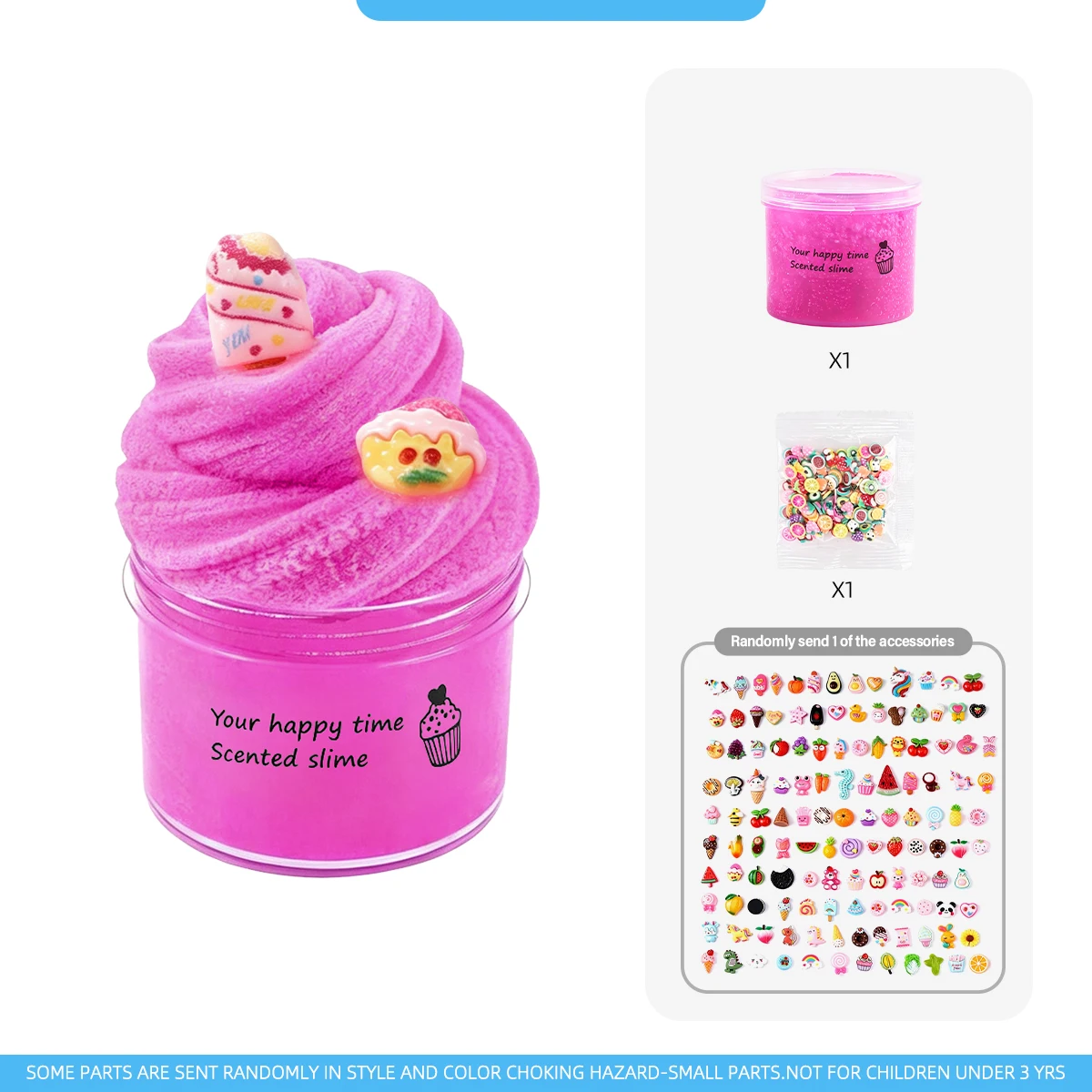 1PC Hot Pink Fruit Scented Fluffy Cloud Slime With Glitter Random Cake Charms Portable DIY Stress Toy For Kids 3+.