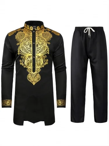 Men African Two Piece Set Traditional Suit Long Sleeve Gold Print Shirt Pants Party Africa 2024 Summer Gentleman Ethnic Outfit