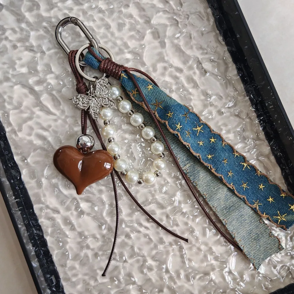 Y2K Style Pearl Bag Pendant Anti-lost Cowboy Ribbon Key Chain DIY Keyring Fashion Accessories