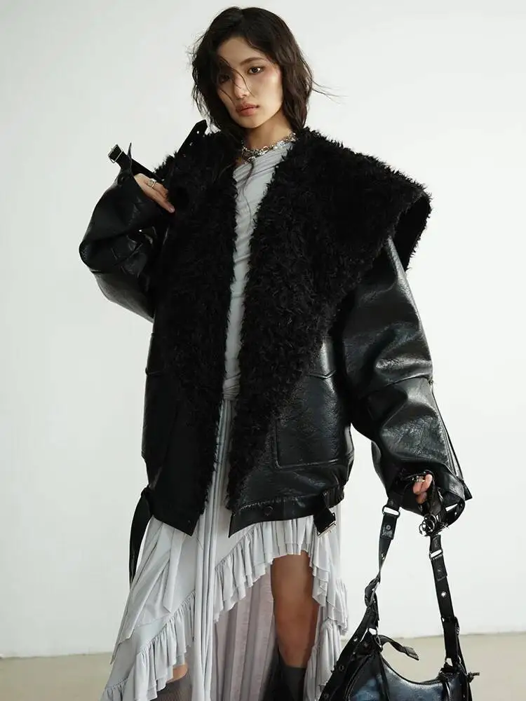 Thick Lambswool Black Big Size PU Leather Jacket New Lapel Long Sleeve Women Coat Fashion Autumn Winter 2026 PL7W9