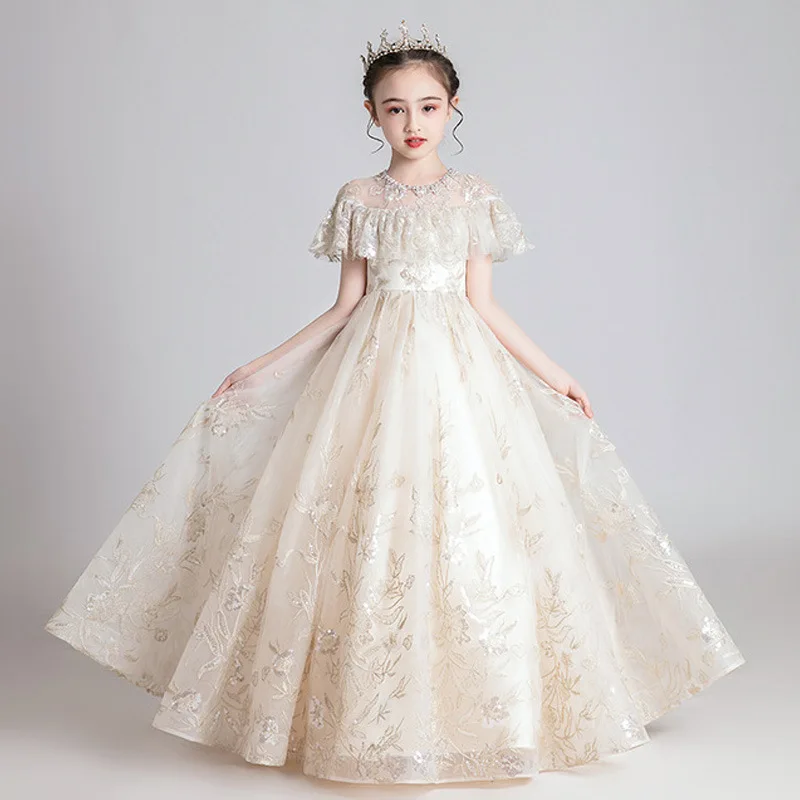 

3-12 years kids party dresses for girls 2025 new fluffy yarn flower wedding dress host piano performance clothes