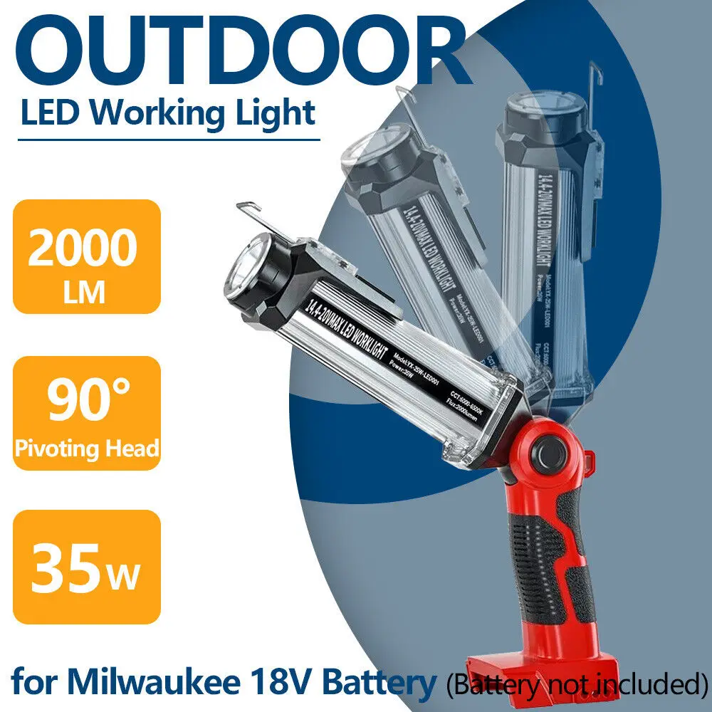 Cordless Led Work Light para Milwaukee Lanterna ao ar Livre Portátil Camping Lanternas com Gancho 18v Li-ion Bateria 35w 2000lm