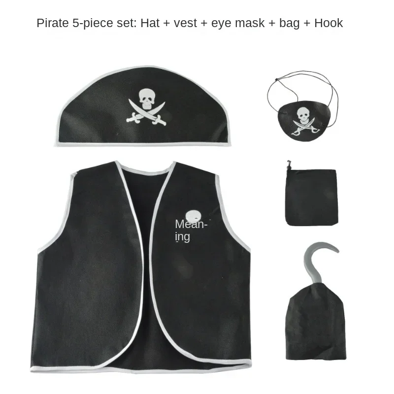 Kids Pirate Costume Black Vest with Eyeshade Hat Pirate Hook and Bag Set for Children Boy Halloween Theme Party Cosplay Dress Up