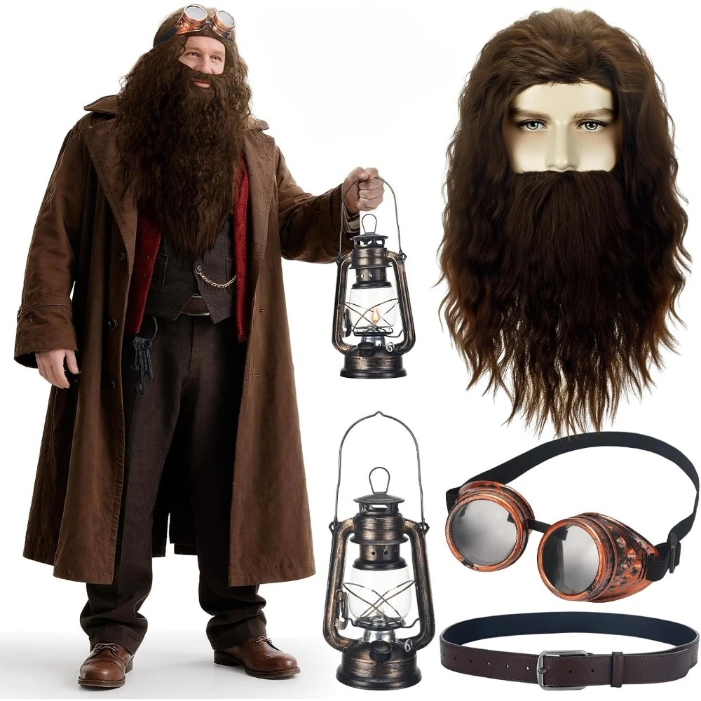 5Pcs Wizard Wig Beard Steampunk Goggles Halloween Costume Vintage Steampunk Goggles Belt Kerosene Lamp Decorations Dress Up Tool