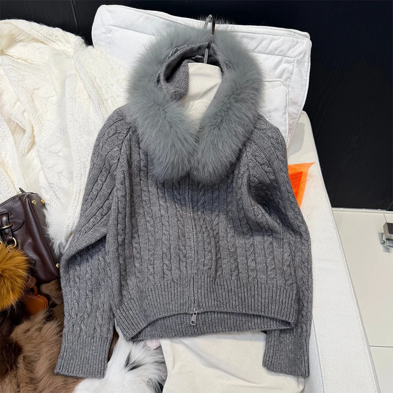 New Casual Autumn Winter Women Natural Real Fox Fur Collar Hooded Jacket Cardigan Fur Decoration Lady's Sweater Coat - view 3