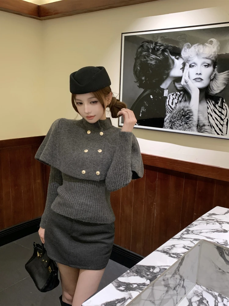 

Korean Style Knitted Sweater And Cloak Set with Belted Skirt Two Piece Suite Long Sleeve High Collar Fashionable Casual ...