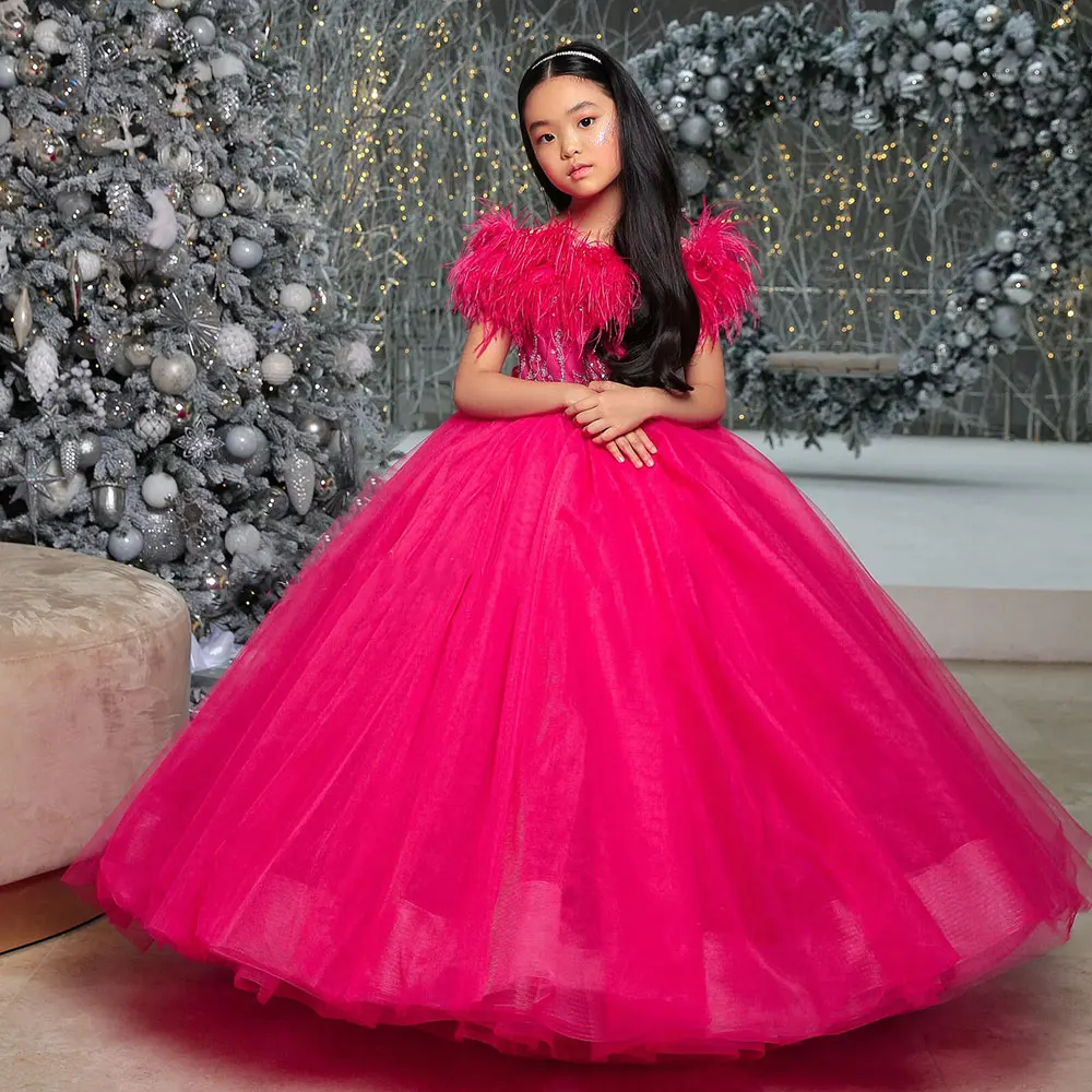 

Jill Wish Luxury Arabic Fuchsia Girl Dress Feathers Sleeveless Dubai Kids Princess Birthday Wedding Party Ball Gown 2024 J372