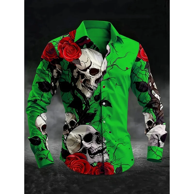 Men Skull Red Rose Print Long Sleeve Shirt Purple Lapel Button Up Shirts Gothic Halloween Casual Streetwear Tops