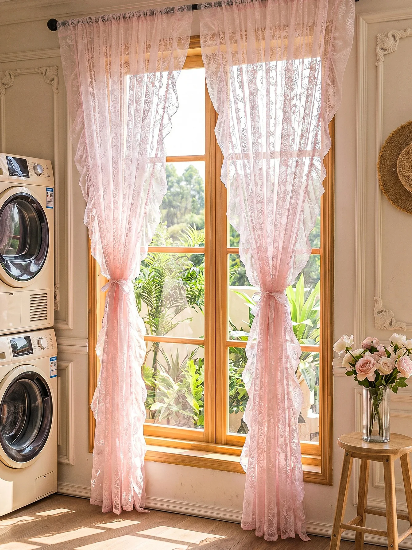 Pink Lace Curtains Rod Pocket Sheer Curtain for Bedroom Living Room Floral Embroidered Tulle Drapes Ruffled Trim Window Treatmen