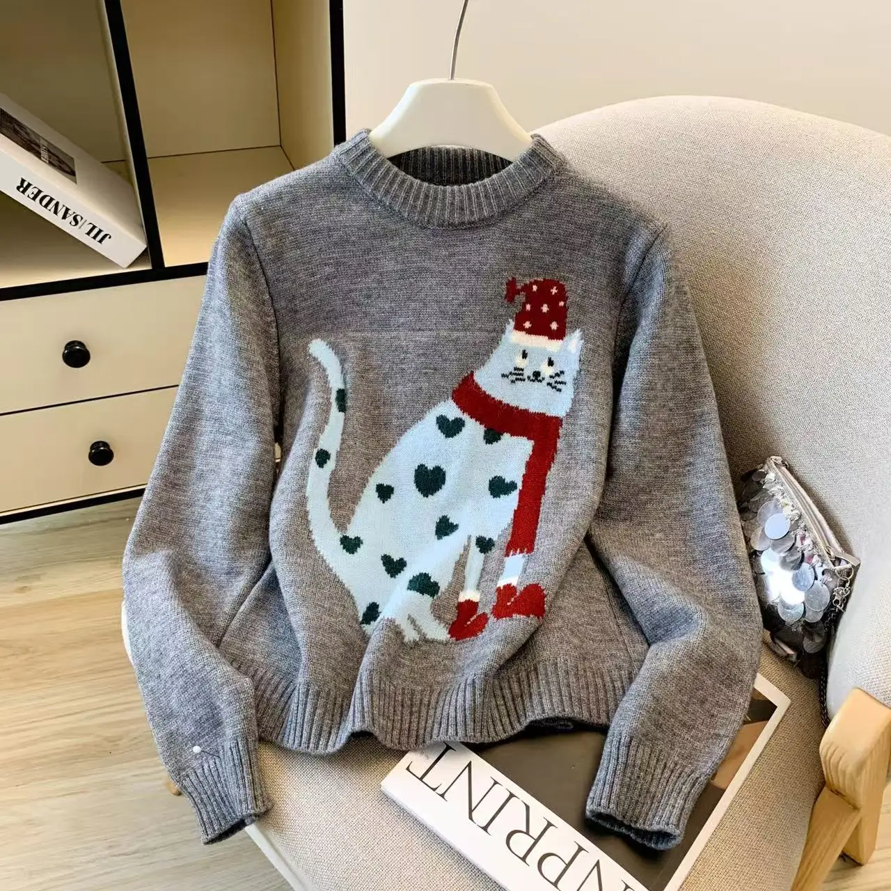 

Женский серый пуловер с круглым вырезом, винтажный джемпер 2000-х годов с кошачьим узором Y2k, топ, трикотаж, кашемировый свитер с длинными рукавами, осень 2025 г.
